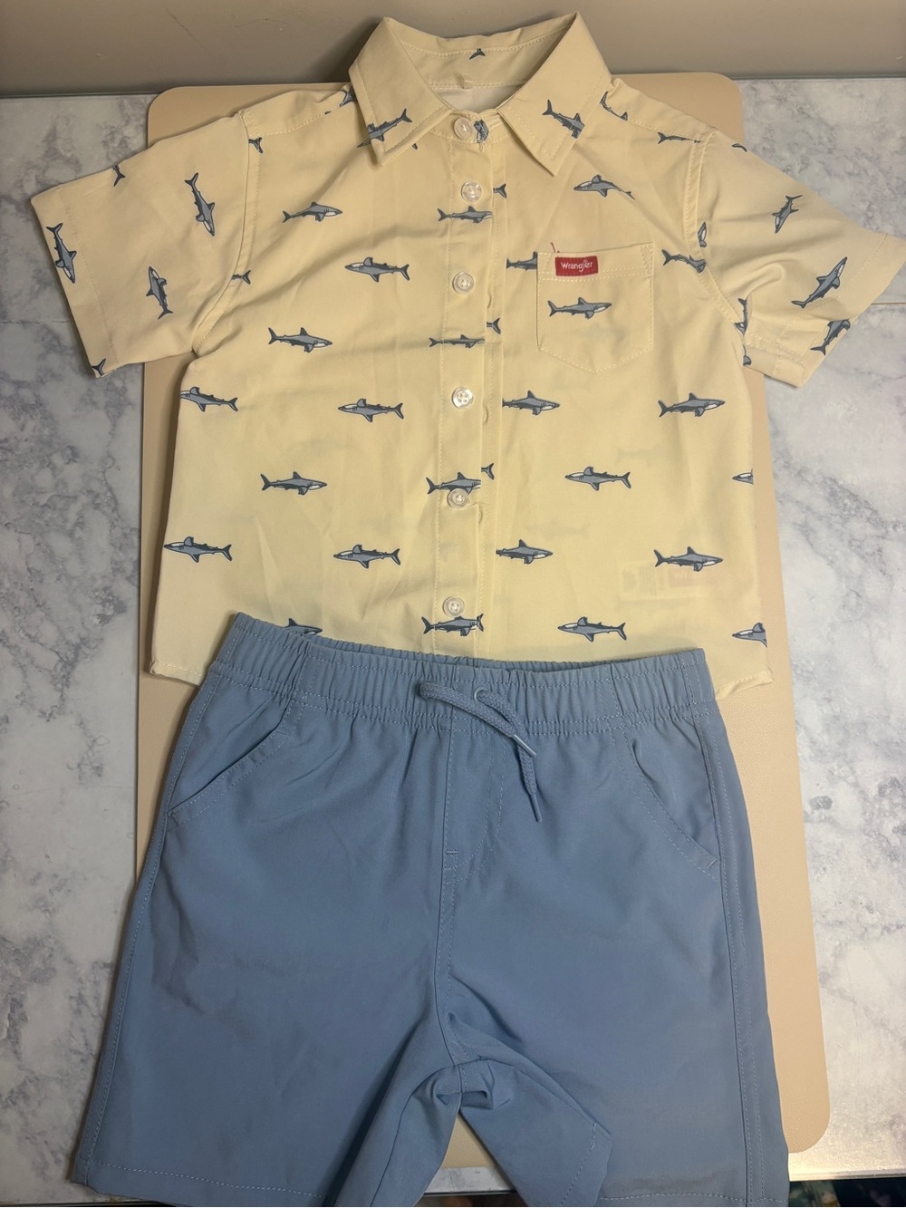 NWOT Wrangler Yellow Shark-Print Short Sleeve Shirt
